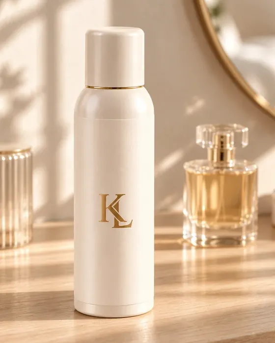 בקבוק KICKLAB White Magnolia על שידת עץ, לצד בקבוק בושם
