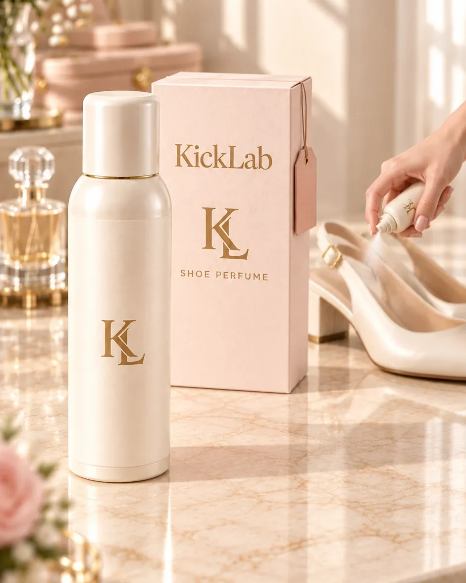 KICKLAB White Magnolia: בקבוק בגוון שמנת עם פקק לבן, לצד אריזה ורודה ונעלי עקב